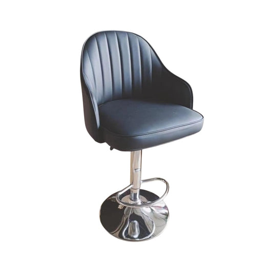A sleek black leather bar stool featuring a polished chrome base, perfect for modern interiors.