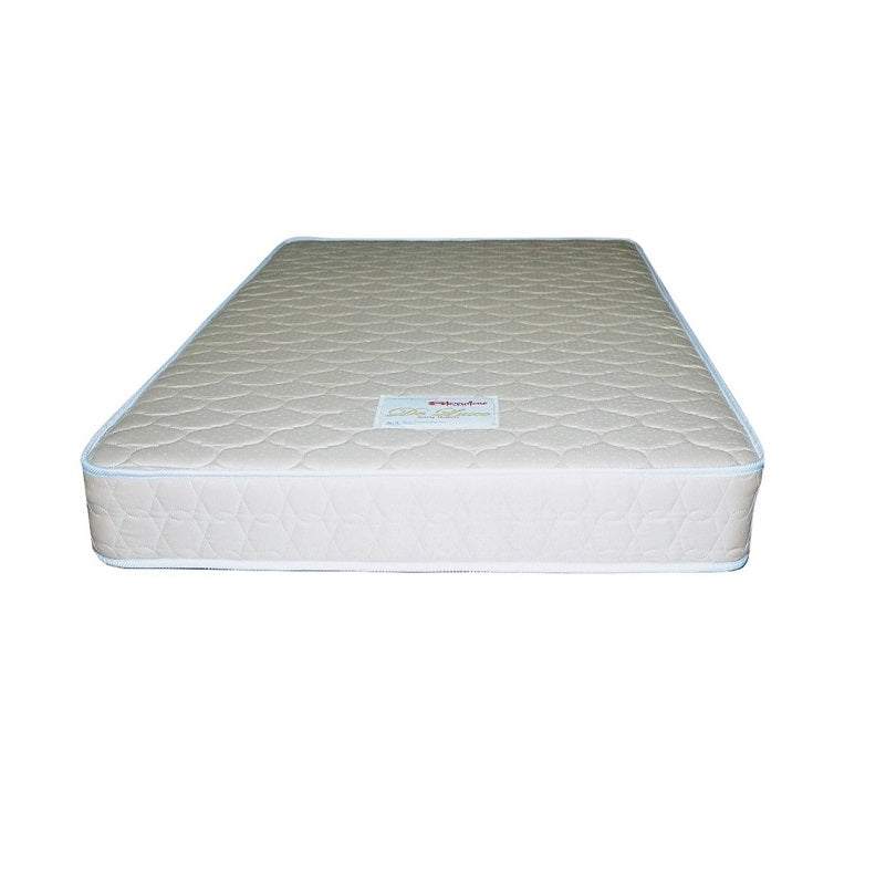 A white-covered spring mattress set on a white background, highlighting its sleek design and inviting appearance.