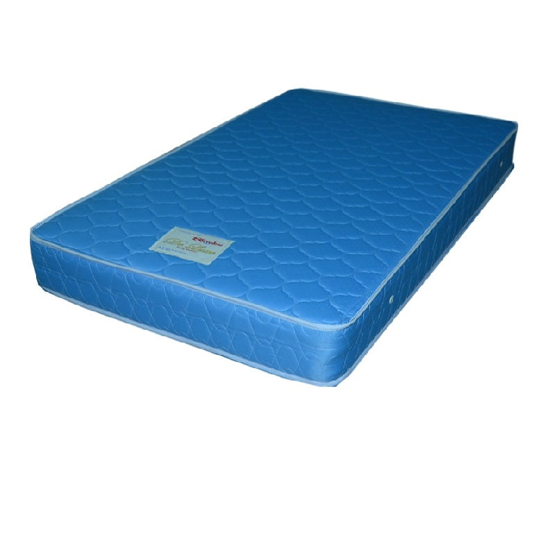 A blue-covered spring mattress set on a white background, highlighting its sleek design and inviting appearance.