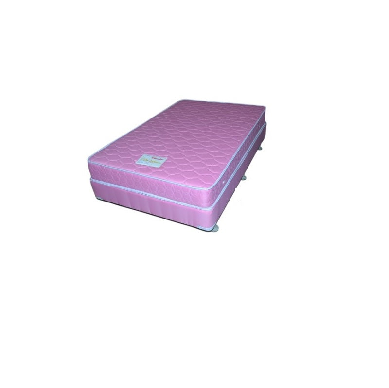 A mattress resting on a surface, accompanied by a bed box, showcasing its unadorned design.
