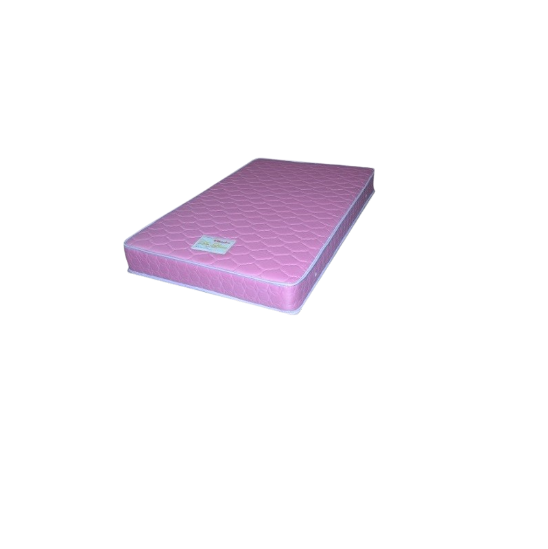 A pink-covered spring mattress set on a white background, highlighting its sleek design and inviting appearance.