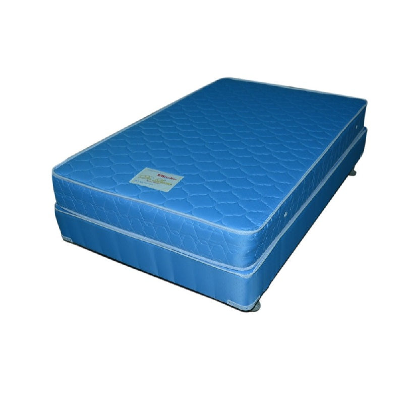 A mattress resting on a surface, accompanied by a bed box, showcasing its unadorned design.