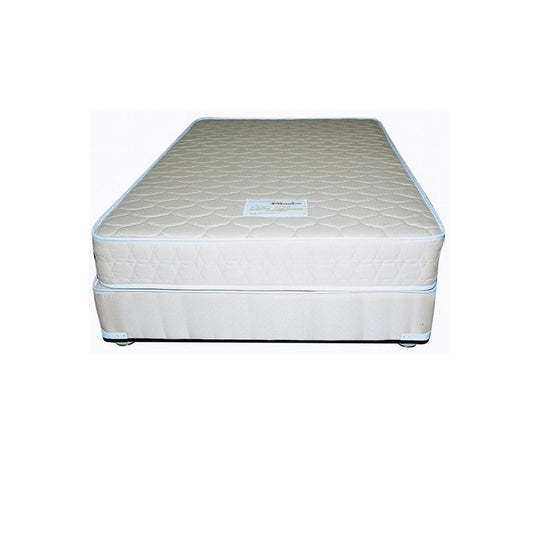 A mattress resting on a surface, accompanied by a bed box, showcasing its unadorned design.