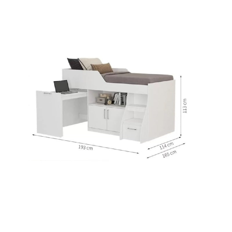 A white bed accompanied by a desk and drawers, creating a clean and organized bedroom workspace.