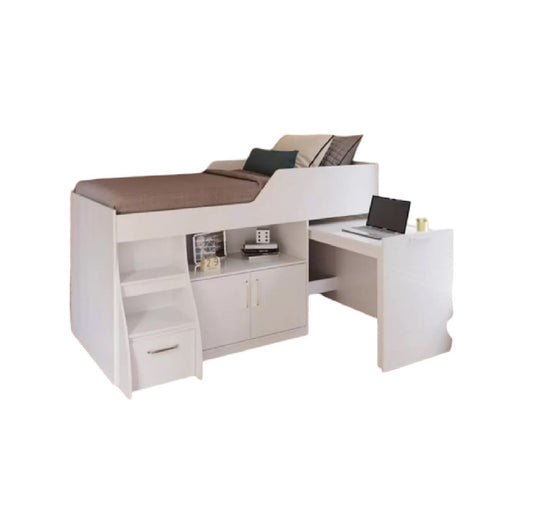A white bed accompanied by a desk and drawers, creating a clean and organized bedroom workspace.