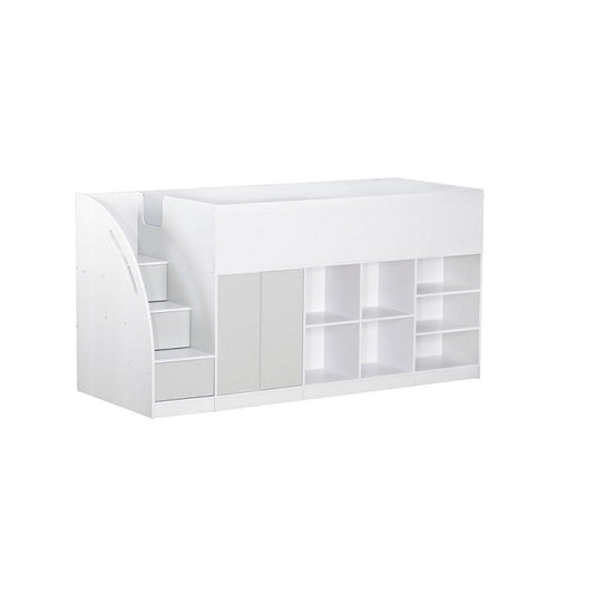 A white bed equipped with a storage unit and a ladder, designed for space-saving and easy access to the top.