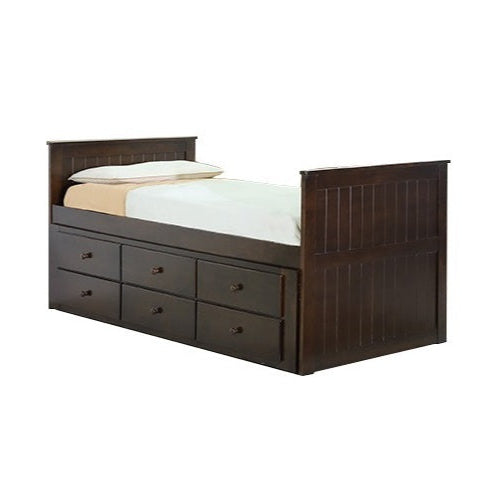 A functional bed design that includes drawers for organization, complemented by a soft mattress for restful sleep.
