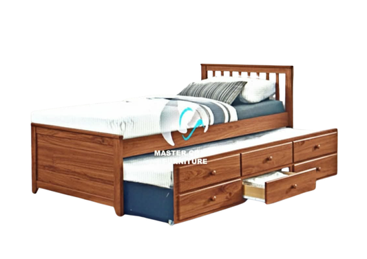Galvin Wooden Bed Frame with Pull-Out Trundle & Storage Drawers for Single Size Bed