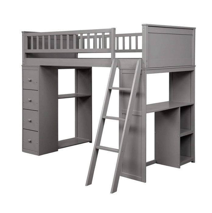 A gray loft bed equipped with a ladder and a desk, ideal for creating a functional and stylish bedroom workspace.