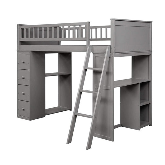 A gray loft bed equipped with a ladder and a desk, ideal for creating a functional and stylish bedroom workspace.