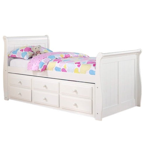 A functional bed design that includes drawers for organization, complemented by a soft mattress for restful sleep.