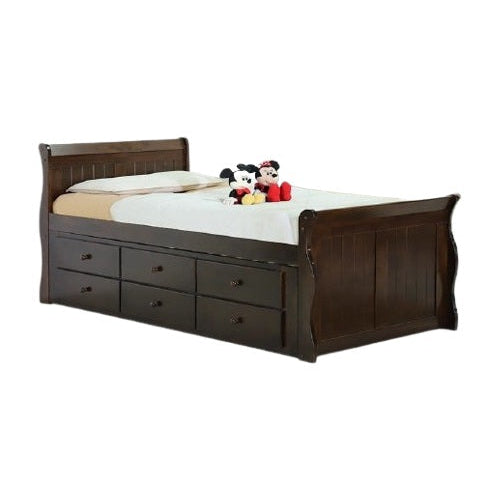 A functional bed design that includes drawers for organization, complemented by a soft mattress for restful sleep.