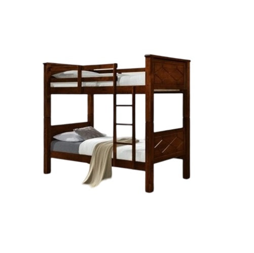  A sturdy bunk bed design showcasing two beds arranged vertically, perfect for shared sleeping arrangements.