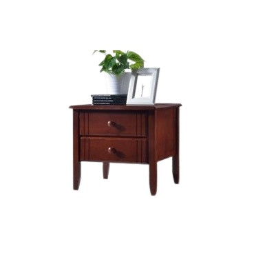 A wooden nightstand featuring two drawers, elegantly designed for bedside storage and organization.