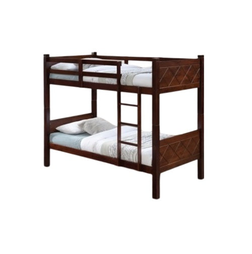  A sturdy bunk bed design showcasing two beds arranged vertically, perfect for shared sleeping arrangements.