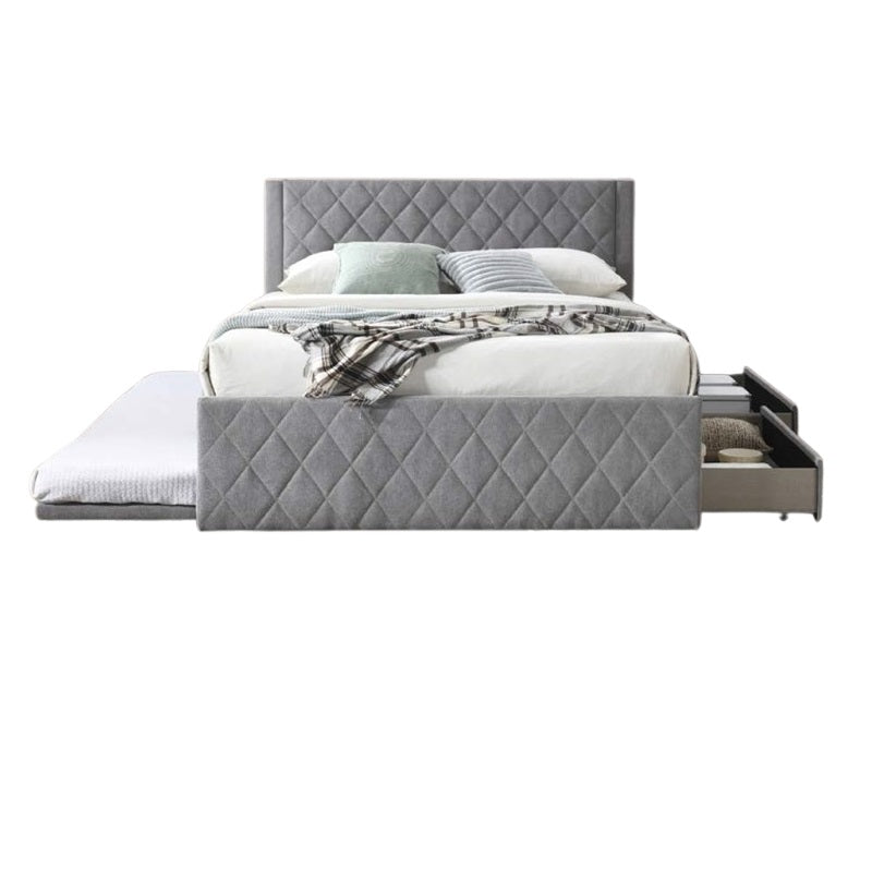 A stylish bed featuring a decorative headboard and footboard, showcasing a modern design in a cozy bedroom setting.