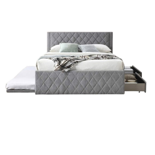 A stylish bed featuring a decorative headboard and footboard, showcasing a modern design in a cozy bedroom setting.