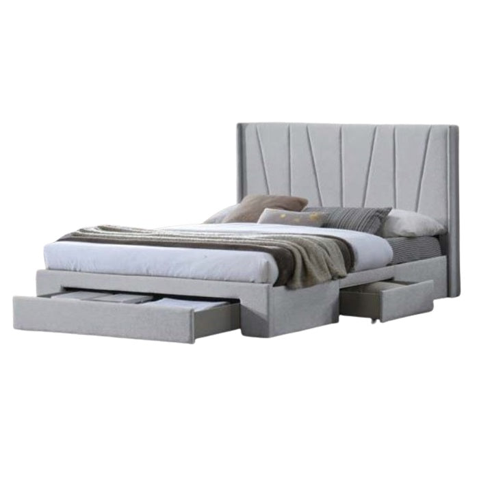 A stylish bed featuring a decorative headboard and footboard, showcasing a modern design in a cozy bedroom setting.