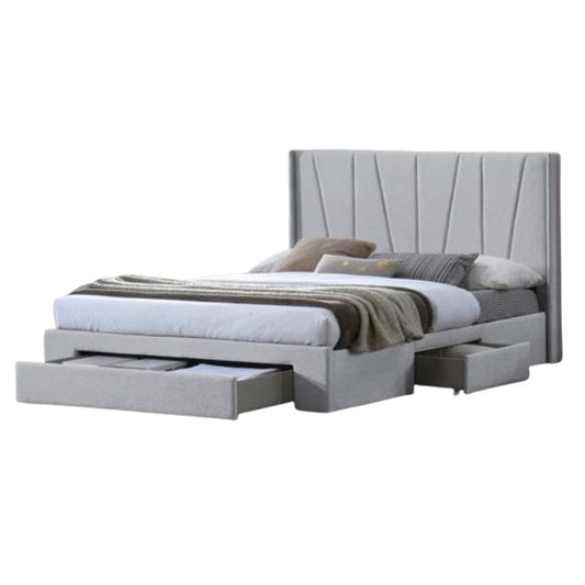 A stylish bed featuring a decorative headboard and footboard, showcasing a modern design in a cozy bedroom setting.