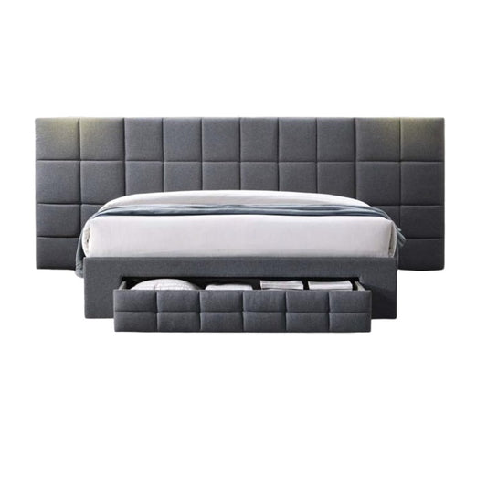 A stylish bed featuring a decorative headboard and footboard, showcasing a modern design in a cozy bedroom setting.