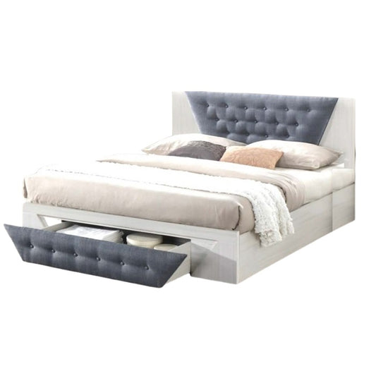 A stylish bed featuring a decorative headboard and footboard, showcasing a modern design in a cozy bedroom setting.