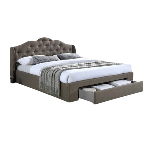 A stylish bed featuring a decorative headboard and footboard, showcasing a modern design in a cozy bedroom setting.