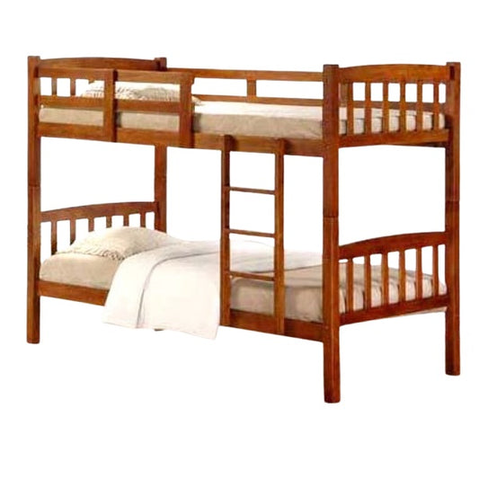 A bunk bed featuring two stacked beds, each adorned with a crisp white sheet, ideal for maximizing space in a room.