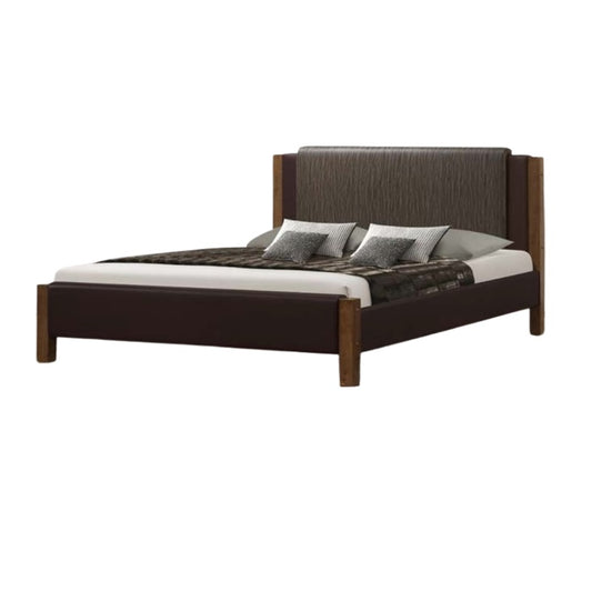 Modern black leather bed frame equipped with wooden slats, offering both aesthetic appeal and structural integrity.