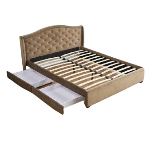 A stylish bed featuring a decorative headboard and footboard, showcasing a modern design in a cozy bedroom setting.