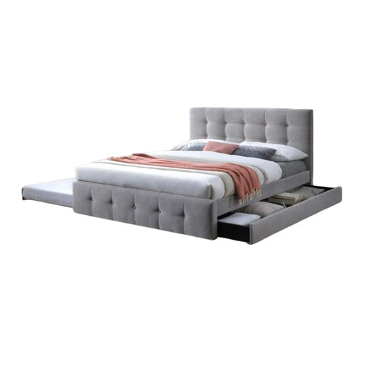 A stylish bed featuring a decorative headboard and footboard, showcasing a modern design in a cozy bedroom setting.