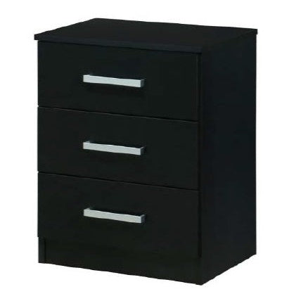 A black chest of drawers featuring three spacious drawers, elegantly designed for storage and organization.
