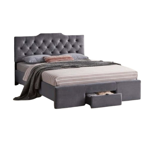 A stylish bed featuring a decorative headboard and footboard, showcasing a modern design in a cozy bedroom setting.