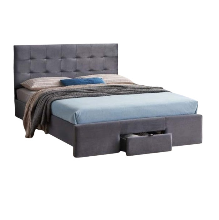 A stylish bed featuring a decorative headboard and footboard, showcasing a modern design in a cozy bedroom setting.
