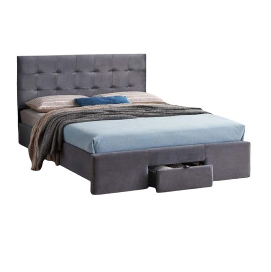 A stylish bed featuring a decorative headboard and footboard, showcasing a modern design in a cozy bedroom setting.