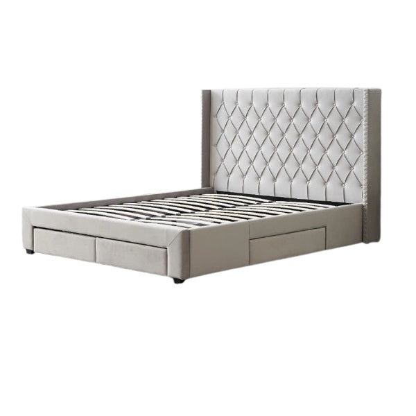 A stylish bed featuring a decorative headboard and footboard, showcasing a modern design in a cozy bedroom setting.