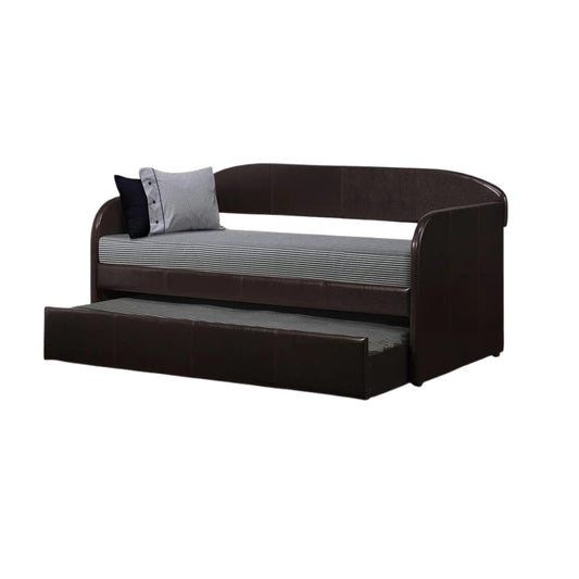 A modern daybed with an integrated pull-out bed underneath, perfect for maximizing space in any room.