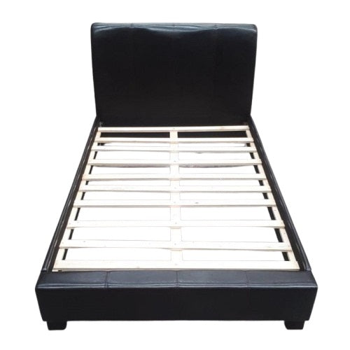 Modern black leather bed frame equipped with wooden slats, offering both aesthetic appeal and structural integrity.