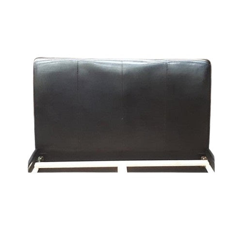Modern black leather bed frame equipped with wooden slats, offering both aesthetic appeal and structural integrity.
