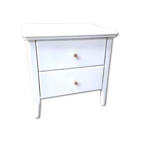 A wooden nightstand featuring two drawers, elegantly designed for bedside storage and organization.