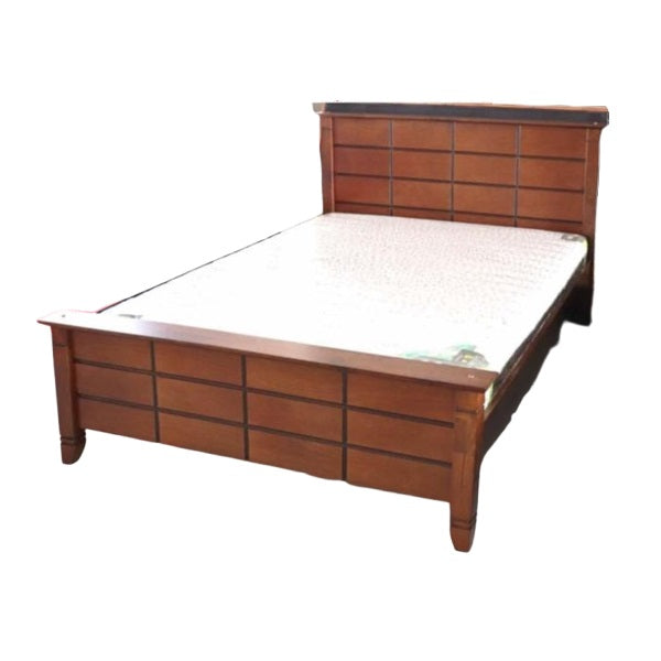 A sturdy bed frame made of wood, complete with a classic headboard and footboard, enhancing bedroom aesthetics.