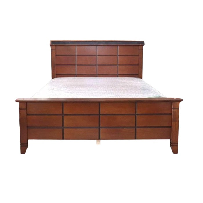 A sturdy bed frame made of wood, complete with a classic headboard and footboard, enhancing bedroom aesthetics.