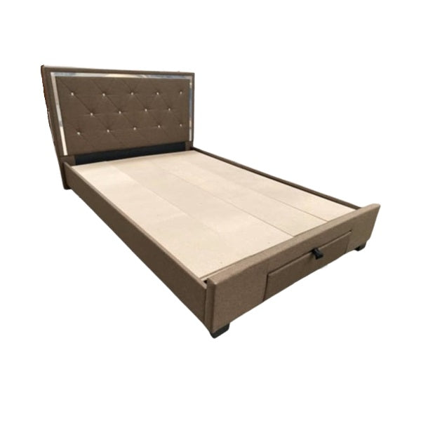 A stylish bed featuring a decorative headboard and footboard, showcasing a modern design in a cozy bedroom setting.
