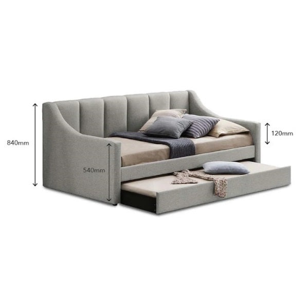 A modern daybed with an integrated pull-out bed underneath, perfect for maximizing space in any room.