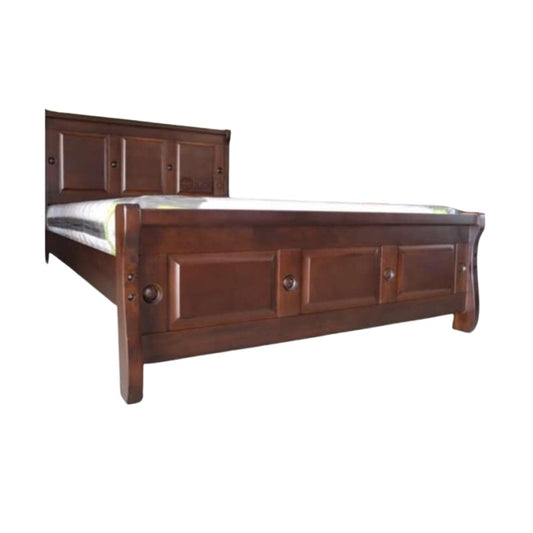A sturdy bed frame made of wood, complete with a classic headboard and footboard, enhancing bedroom aesthetics.