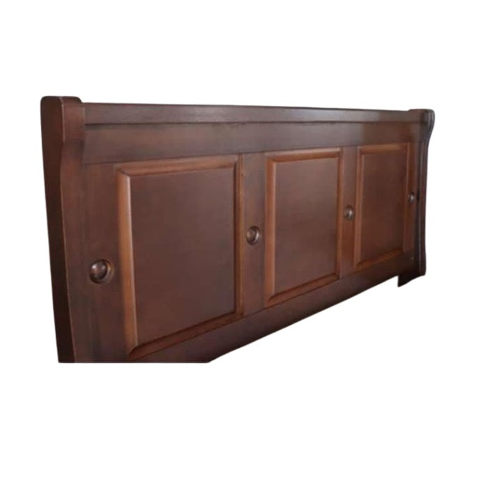 A sturdy bed frame made of wood, complete with a classic headboard and footboard, enhancing bedroom aesthetics.