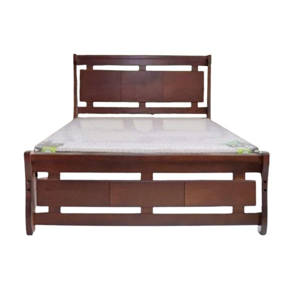 A sturdy bed frame made of wood, complete with a classic headboard and footboard, enhancing bedroom aesthetics.