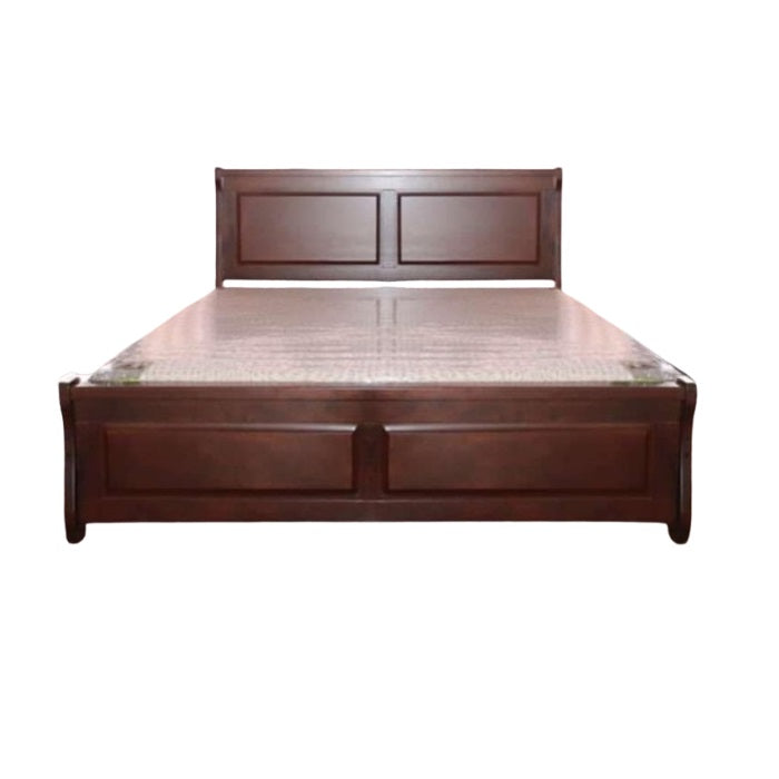 A sturdy bed frame made of wood, complete with a classic headboard and footboard, enhancing bedroom aesthetics.
