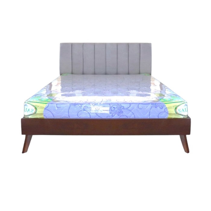 A sturdy bed frame made of wood, complete with a classic headboard and footboard, enhancing bedroom aesthetics.
