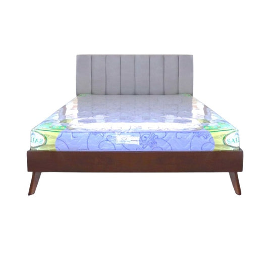 A sturdy bed frame made of wood, complete with a classic headboard and footboard, enhancing bedroom aesthetics.