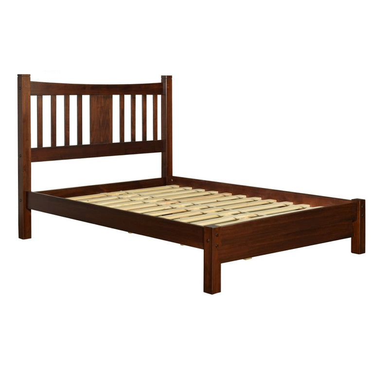 A sturdy bed frame made of wood, complete with a classic headboard and footboard, enhancing bedroom aesthetics.
